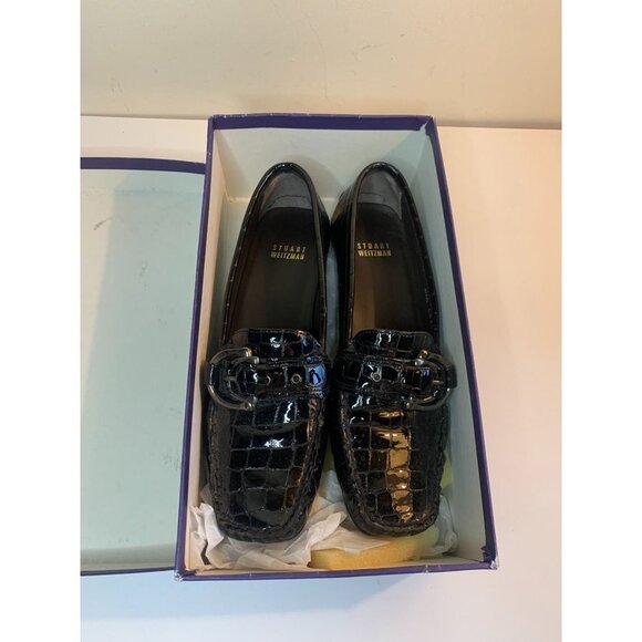 Stuart Weitzman Croc Embossed Patent Leather Loafer Shoe Black 8 M - Picture 2 of 9